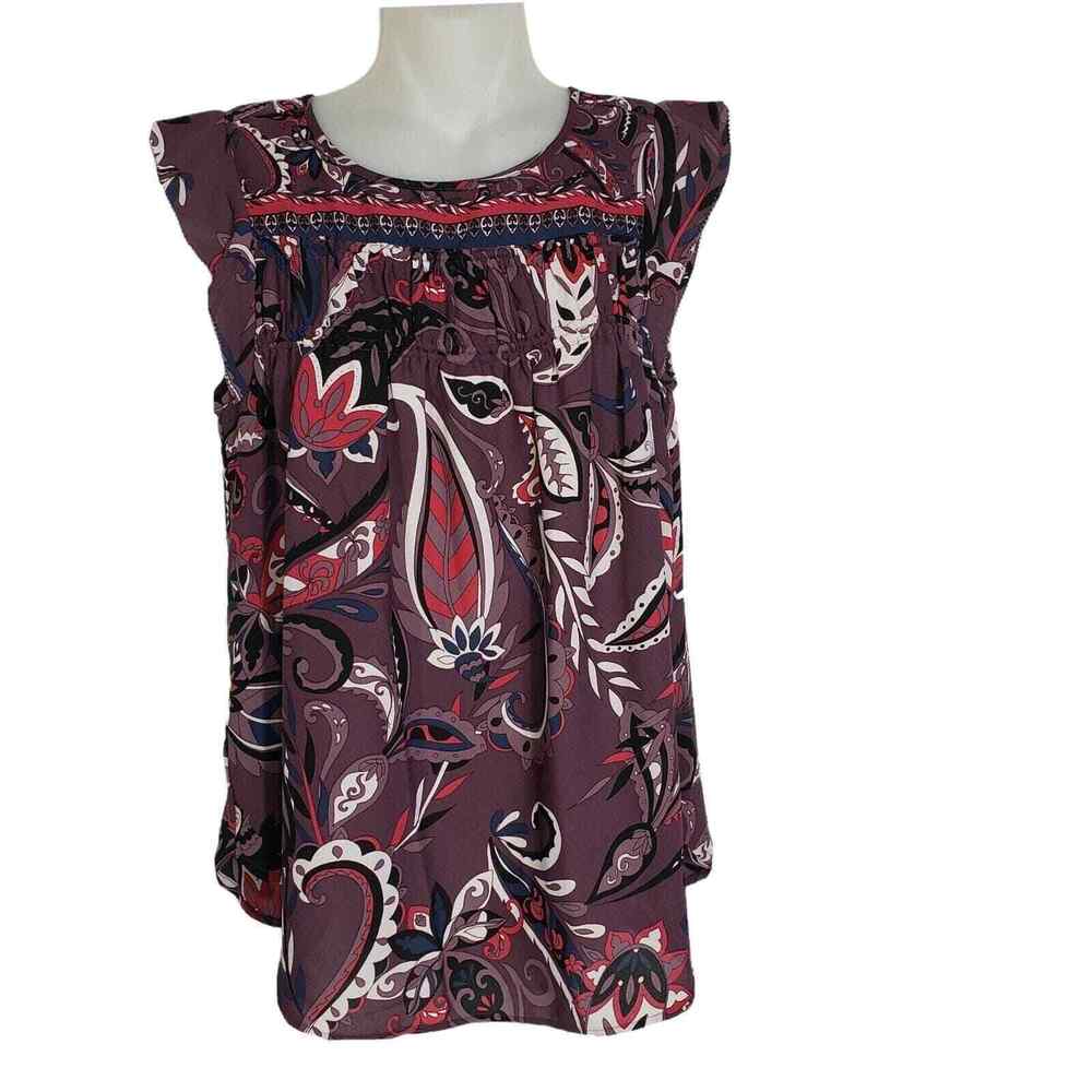 LOFT Womens Blouse Size XS Purple Floral Short Flutter Cap Sleeves Keyhole Back